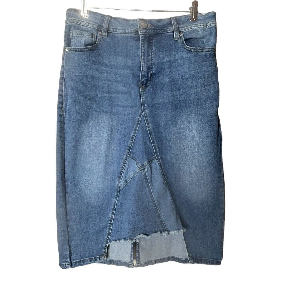 One 5 One 151  Blue Denim Pencil Midi Skirt Pieced Front Frayed Edge Sz M